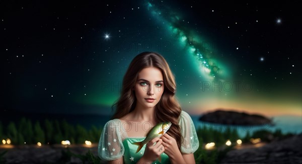 Young woman Pisces according to the zodiac sign with brown hair and blue eyes with a fish in her hands against the background of the starry sky. interpretation of the zodiac sign in human form.AI generated