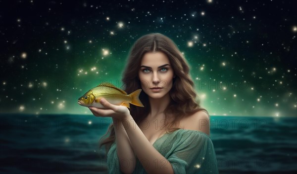 Young woman Pisces according to the zodiac sign with brown hair and blue eyes with a fish in her hands against the background of the starry sky. interpretation of the zodiac sign in human form.AI generated