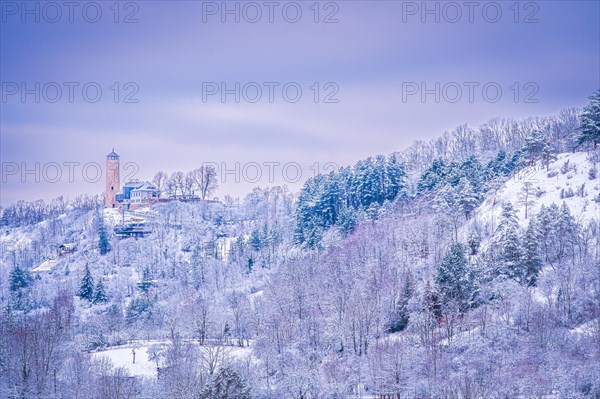 View of the Fuchsturm on the Kernberge in winter with snow, Jena, Thuringia, Germany, Europe