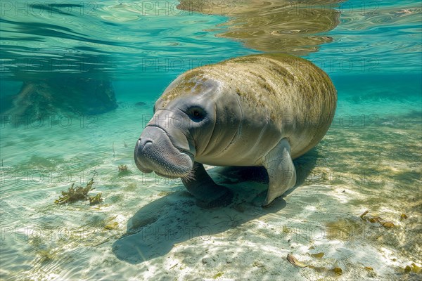 A manatee or west indian manatee (Trichechus manatus) swims leisurely in a sunlit, clear water over marine plants, AI generated, AI generated