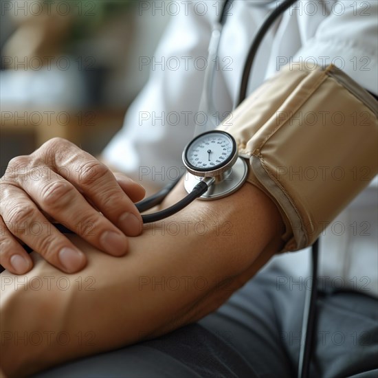 A man checks his blood pressure with a measuring device. Avoidance of bulk hypertension, scarcity, precaution, AI generated