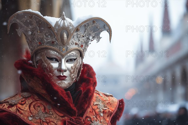 A person adorned in a richly detailed and colorful carnival costume, complete with an elaborate mask, participates in the iconic Venice Carnival with snowfall, AI generated