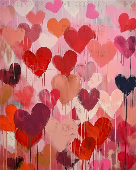 A vibrant abstract painting featuring various shades of red and pink hearts against a soft textured background. Perfect for themes of love, romance, and Valentine Day, AI generated