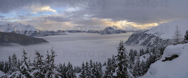 Mountain panorama, foggy landscape, Belalp, Naters, Brig, Canton Valais, Switzerland, Europe