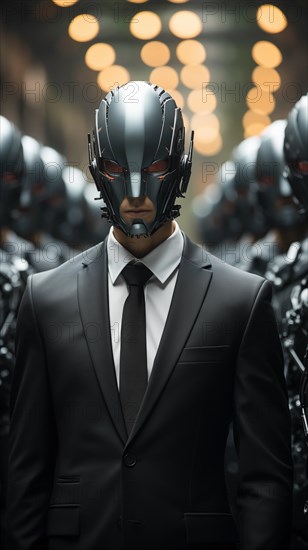 A man with a cybernetic helmet in a suit stands in the foreground with other similarly equipped men in the background, bionics, cyborgisation, fusion with technology, transhumanism, AI generated, AI generated