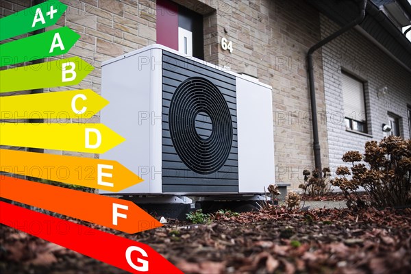 Heat pump on a detached house, diagram with energy efficiency classes for buildings according to the GEG, Duesseldorf, Germany, energy efficiency, Europe