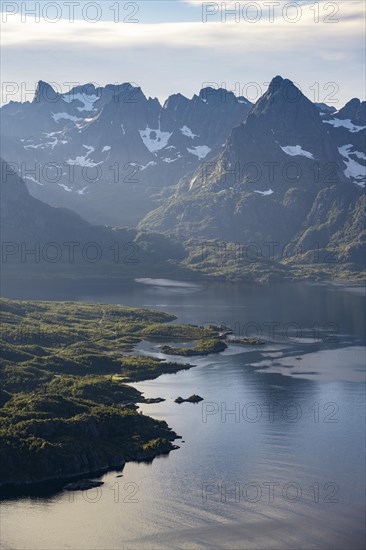 Atmospheric landscape, Raftsund fjord and mountains, view from the summit of Dronningsvarden or Stortinden, Vesteralen, Norway, Europe