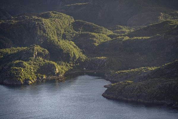 Coast in atmospheric evening light, view from the top of Dronningsvarden or Stortinden, Ulvagsundet, Vesteralen, Norway, Europe