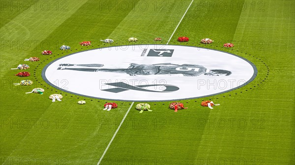 Banner with Franz Beckenbauer and wreaths of flowers, funeral service of FC Bayern Munich for Franz Beckenbauer, Allianz Arena, Froettmaning, Munich, Upper Bavaria, Bavaria