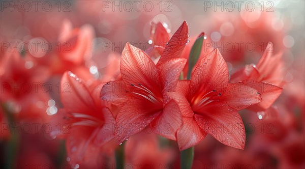 Butterfly sword lily, Gladiolus papilio red flowers with water droplets glisten in the light, AI generated