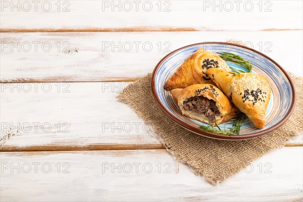 Homemade asian pastry samosa on white wooden background and linen textile. side view, copy space