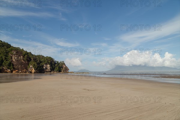 Cliff in Bako national park, sunny day, blue sky and sea. Vacation, travel, tropics concept, no people, Malaysia, Kuching, Asia