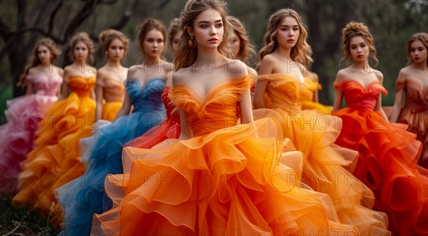 Teenage girls in opulent dresses (evening, ball gown) in motion, natural / authentic, from front, AI generated