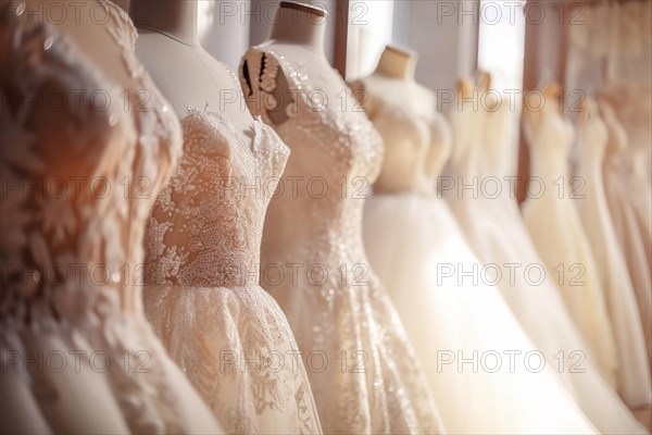 Various elegant wedding dresses in shop. KI generiert, AI generated