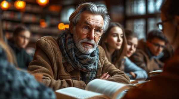 An elderly, bearded man reading a book in a cozy library environment, AI generated