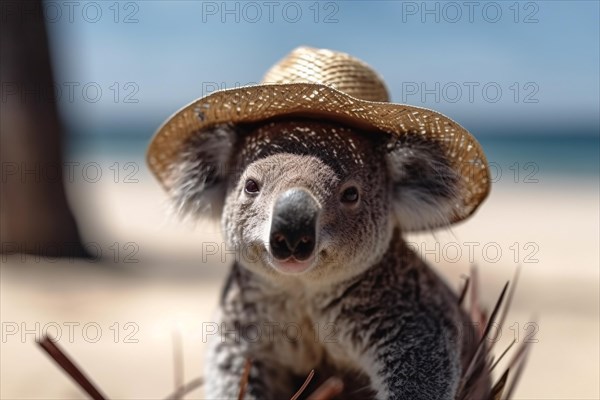 Coala bear with summer straw hat at beach. KI generiert, generiert AI generated