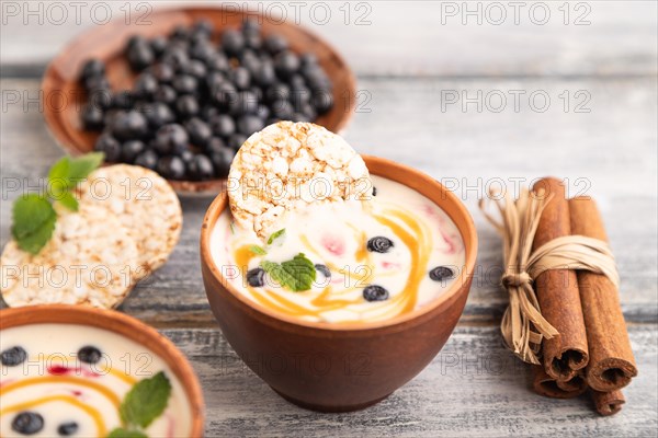 Yoghurt with bilberry and caramel in clay bowl on gray wooden background. side view, close up, selective focus