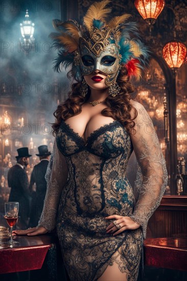 Portrait vibrant curvy woman wear carnival mask, antique lace costume in misty venetian cityscape after sunset in evening, ai generated, AI generated