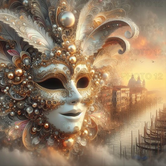 An ornate golden mask overlaid on a surreal Venice scene during sunset in mardy grass, ai generated, AI generated