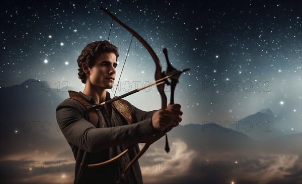 Young man Sagittarius according to the zodiac sign with a bow in his hands with dark hair and green eyes against the background of the starry sky.AI generated