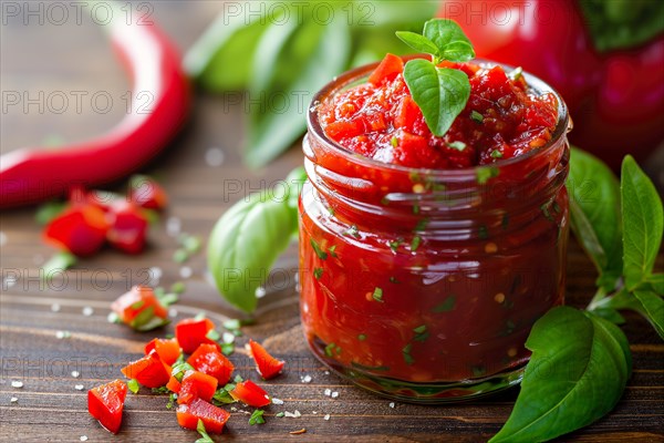Fresh basil leaves emphasise the homemade character of the freshly made pepper jam, KI generated, AI generated