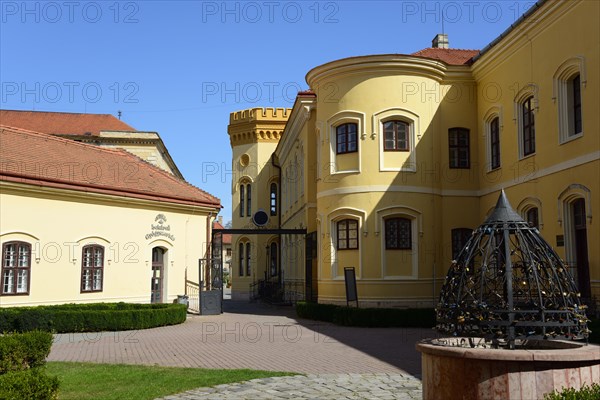 A castle courtyard with yellow facades, a sculpture and a fountain on a sunny day, Officers' Palace, Komarno, Komarom, Komorn, Nitriansky kraj, Slovakia, Europe