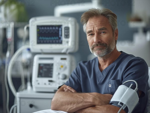 A man checks his blood pressure with a measuring device. Avoidance of bulk hypertension, scarcity, precaution, AI generated