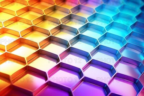 Metallic honeycomb pattern illuminated with vibrant gradient colors abstract background, AI generated