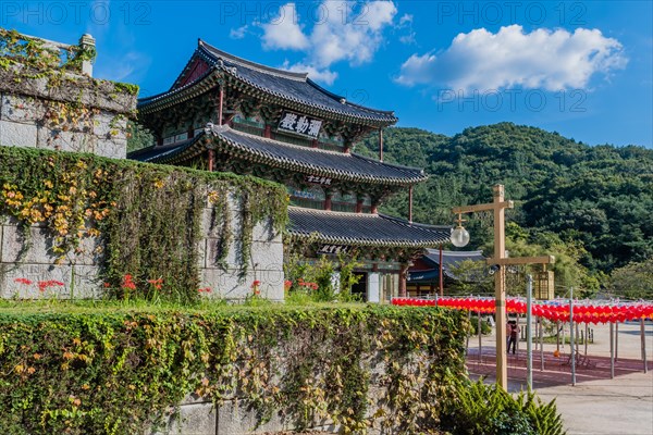 Worship and prayer hall at Buddhist temple in Gimje-si, South Korea, Asia