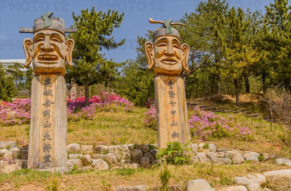 Large totem poles in nature park at Goseong Unification Observation Tower in Goseong, South Korea, Asia