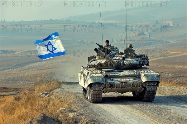 A tank with an Israeli flag drives through a hilly desert landscape under a clear sky, AI generated, AI generated
