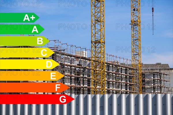 New development area of a residential neighbourhood, graphic with energy efficiency classes for buildings according to the GEG, Duesseldorf, Germany, energy efficiency, Europe