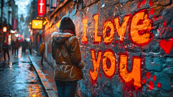 I Love You with red outlined yellow letters was painted on a blue brick wall, in front of it a young woman with an anorak and knitted hat, AI generated, AI generated, graffiti
