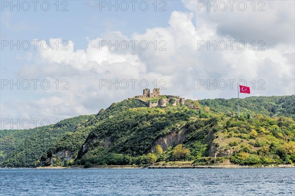 Seascape of Bosporus Strait with Yoros castle on mountain top in Turkey