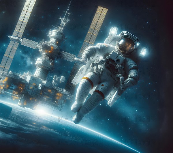Science fiction, Space travel, An astronaut in a spacesuit floats in zero gravity in space, Space, above the earth, AI generated, AI generated