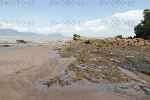 Bako national park, sea sandy beach, sunny day, blue sky and sea. Vacation, travel, tropics concept, no people, Malaysia, Kuching, Asia