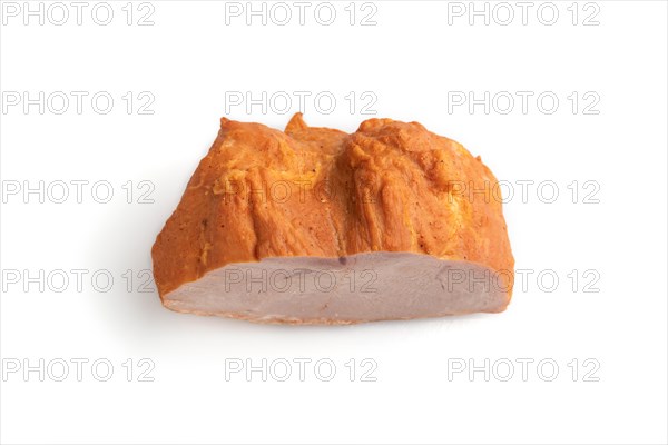 Smoked pork ham isolated on white background. Top view, flat lay, close up