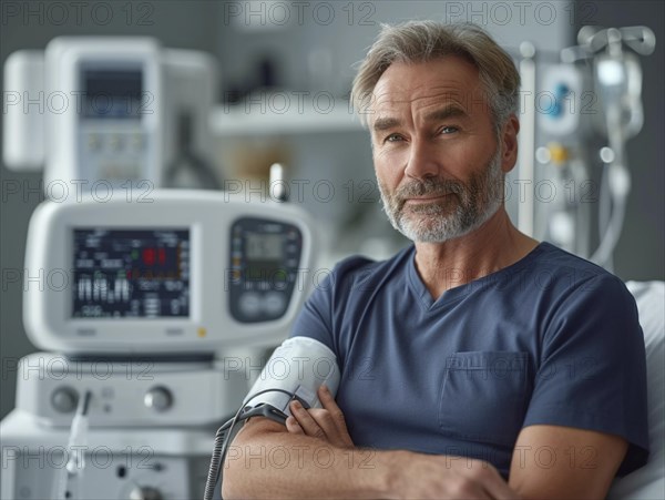 A man checks his blood pressure with a measuring device. Avoidance of bulk hypertension, scarcity, precaution, AI generated