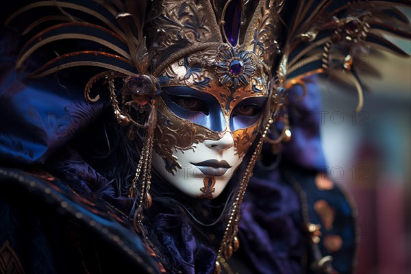 A person adorned in a richly detailed and colorful carnival costume, complete with an elaborate mask, participates in the iconic Venice Carnival, AI generated