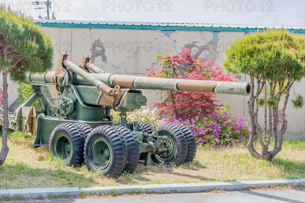 Side view of eight inch antitank gun on display at Unification Observation Tower in Goseong, South Korea, Asia