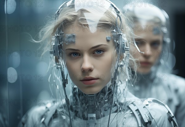 A female figure with a futuristic headset looks seriously against a blurred background with another person of her kind, bionics, cyborgisation, fusion with technology, transhumanism, AI generated, AI generated