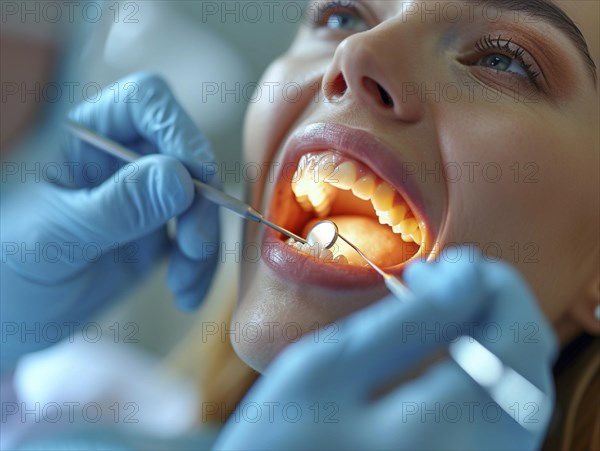 A patient is treated in a dental practice by a dentist, AI generated