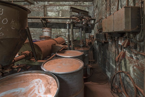 Bronze powder production room with filling bins in a metal powder mill, founded around 1900, Igensdorf, Upper Franconia, Bavaria, Germany, metal, factory, Europe