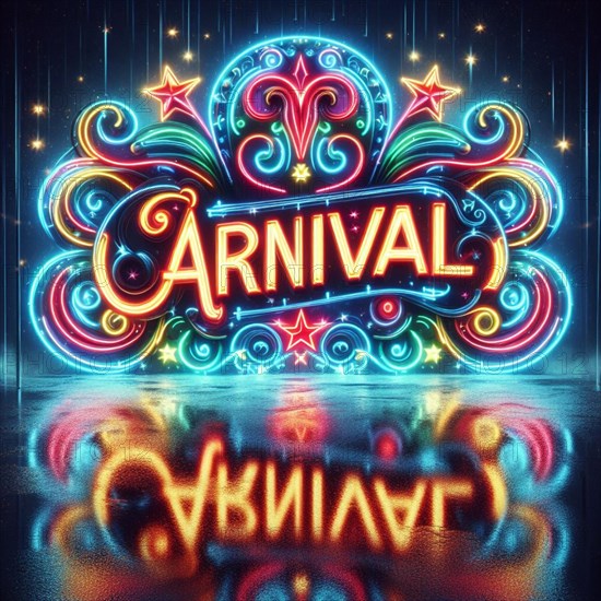 Retro neon sign for 'Carnival' with its vibrant reflection on a wet surface ai generated, AI generated