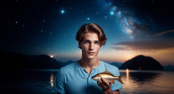 A young man Pisces according to the zodiac sign with brown hair and blue eyes with a fish in his hands against the background of the starry sky. interpretation of the zodiac sign in human form.AI generated