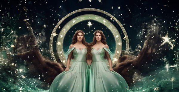 Young woman Gemini by zodiac sign with brown hair and green eyes against the background of the starry sky. interpretation of the zodiac sign in human form. AI generated