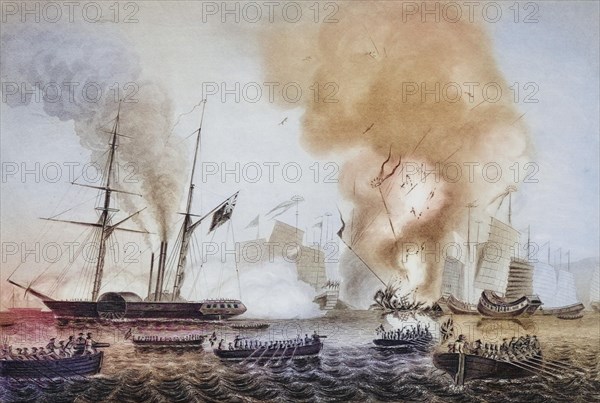 The steamer Nemesis of the Hon. East India Company and the boats Sulpher, Calliope, Larne and Starling destroy the Chinese war junks in Anson's Bay. 7 January 1841, Historical, digitally restored reproduction from a 19th century original, Record date not stated