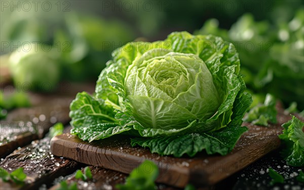 A fresh green cabbage with water droplets on a wooden surface, suggesting crispness, AI generated