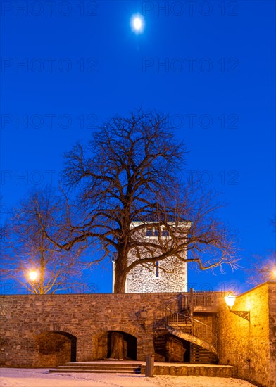 Garden of the Moellenvogtei with historic city wall and defence defence tower under the moon in the evening sky in winter, Magdeburg, Saxony-Anhalt, Germany, Europe