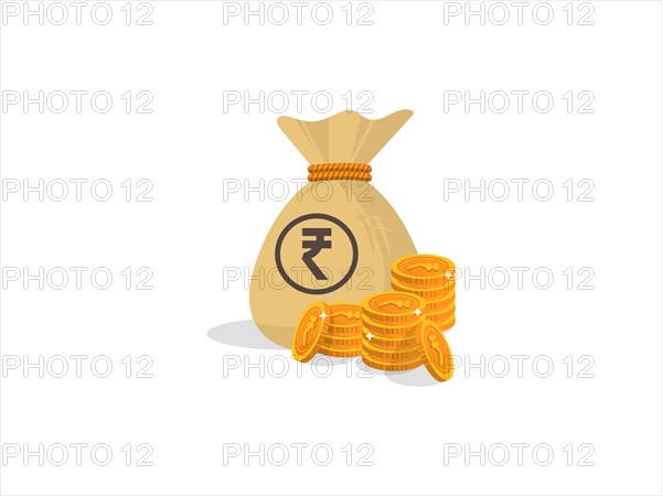 Money bag with the Indian Rupee symbol alongside gold coins, representing wealth and finance